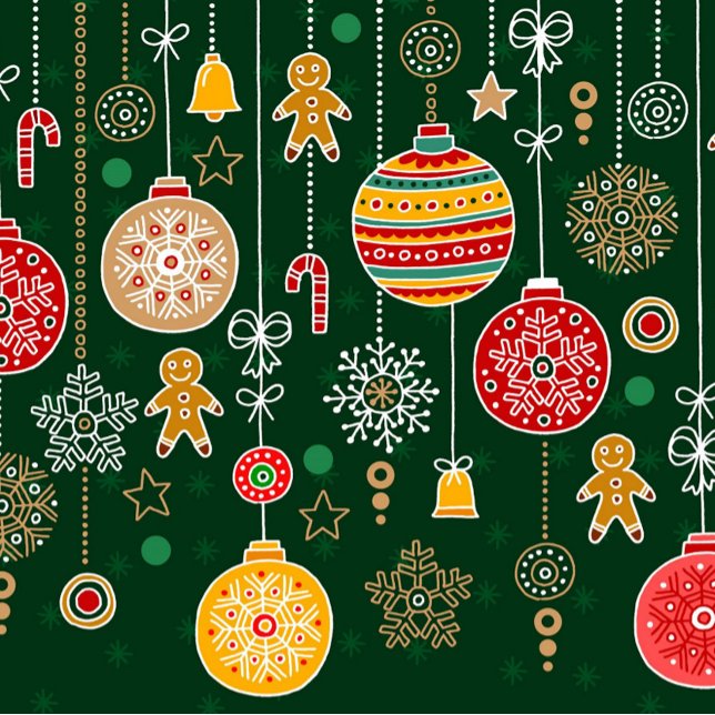 Papel De Regalo Vintage Christmas (A festive seamless pattern on a dark green background, featuring a variety of Christmas-themed.)