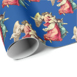 Papel De Regalo Vintage Christmas Angel Children Holiday Blue<br><div class="desc">Ilustracion vintage de un ángel con un vestido rosa sosteniendo a mano a un bebé y un ángel de niño. Fondo azul brillante. Ideal para las vacaciones de los Navidades.</div>