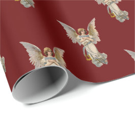 Papel De Regalo Vintage Christmas Angel Dark Red Holiday Wraping