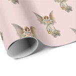Papel De Regalo Vintage Christmas Angel Pink Holiday<br><div class="desc">Este hermoso ángel de Navidad vintage tiene alas doradas y túnicas de color azul pálido y oro. Se coloca sobre un fondo rosa claro.</div>