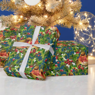 Papel De Regalo Vintage Christmas Birds Holly Faux Gold Pattern