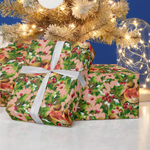 Papel De Regalo Vintage Christmas Birds Holly Faux Gold Pattern