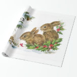 Papel De Regalo Vintage Christmas Bunnies<br><div class="desc">El ilustracion vintage se une en la nieve con un hueco,  pinos y conos de pino,  y un pájaro.</div>