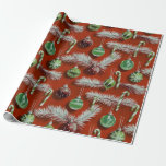 Papel De Regalo Vintage Christmas: Candy Canes & Ornaments<br><div class="desc">Un diseño vintage y festivo con adornos rojos y verdes colgados de cuerdas plateadas con ramas de pino blanco y latas de caramelo verde y blanco sobre un fondo rojo.</div>