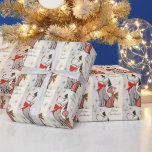 Papel De Regalo Vintage Christmas Card Dog & Cat Red & Black<br><div class="desc">Papel de envolver retro divertido con un perro de juguete con rayas blancas y negras,  con un arco rojo. Un gato lindo,  gracioso,  juguete es de rayas rojas y blancas y lleva una lujosa cinta dorada. Card dice Feliz Navidad con estrellas y copos de nieve.</div>