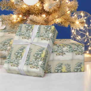 Papel De Regalo Vintage Christmas Church Pine Tree Forest