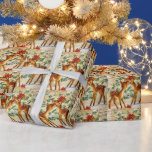 Papel De Regalo Vintage Christmas Cute Fawns Red Poinsettia<br><div class="desc">Hermosa tarjeta de vacaciones antigua con adorable ciervo bebé jugando juntos en el bosque en un día de invierno. Los pinos están cubiertos de nieve. Una flor de Poinsettia roja tiene su pelo.</div>
