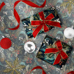 Papel De Regalo Vintage Christmas Elegant Sparkle<br><div class="desc">Este lujoso papel de envoltura presenta un fondo oscuro y moreno con un patrón giratorio y abstracto en tonos azul verde azulado y profundo, que recuerda a los mares tormentosos o a la nebulosa celeste. El diseño se ha repartido en grupos de elementos festivos, entre ellos, brotes de hojaldre con...</div>
