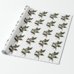 Papel De Regalo Vintage Christmas, Green Holly Planta con Berries<br><div class="desc">Ilustracion de época Victorian Era Feliz Navidad diseño con una rama floral con hojas huecas,  bayas rojas y flores rosas. ¡Felices fiestas y saludos de temporada!</div>