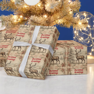 Papel De Regalo Vintage Christmas Greetings Deer