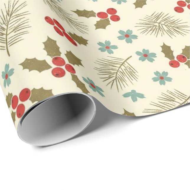 Papel De Regalo Vintage Christmas Holly & Pine Pattern (Esquina del rollo)