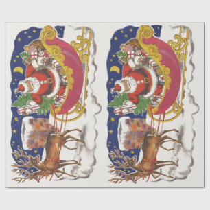 Papel De Regalo Vintage Christmas, Jolly Santa Claus con Sleigh
