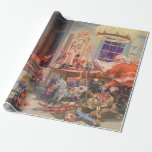 Papel De Regalo Vintage Christmas, Santa Claus con Elves Workshop<br><div class="desc">Ilustracion de la Vintage. Imagen de feriado de Navidad con Jolly San Nicolás y sus elfos ocupados construyendo juguetes, muñecas, caballos mecedores, etc. en el taller de Santa en el Polo Norte en la Víspera de los Navidades. Santa Claus está revisando su lista traviesa o buena una vez más para...</div>