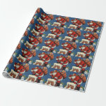 Papel De Regalo Vintage Christmas, Santa Claus Down Chimney w Toys<br><div class="desc">Ilustracion de época Feliz Navidad diseño con un alegre Santa Claus en un techo cubierto de nieve,  bajando por la chimenea con un saco lleno de juguetes,  regalos envueltos,  osos de peluche y tambores en la víspera de los Navidades. ¡Felices fiestas y saludos de temporada!</div>