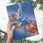 Papel De Regalo Vintage Christmas, Santa Flying Sleigh w Reindeer<br><div class="desc">Ilustracion de la Vintage. Imagen de feriado navideño con un alegre Santa Claus con su reno. Están volando su trineo lleno de juguetes a través del cielo azul y sobre un pueblo dormido cubierto de nieve en invierno en la víspera de los Navidades. Ho, ho, ho Happy Holidays and Season's...</div>