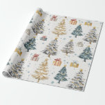 Papel De Regalo Vintage Christmas Trees Elegant<br><div class="desc">Elegantes árboles vintage de Navidad con acuarela adornan este rollo de papel de envoltura vacacional. El oro y la plata en baudiclas y los acentos resaltan los colores de los baudibles en los nevados pinos. También hay regalos y paquetes divertidos a lo largo del patrón. Las estrellas de oro dominan...</div>