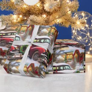 Papel De Regalo Vintage coche rojo navideño en nieve