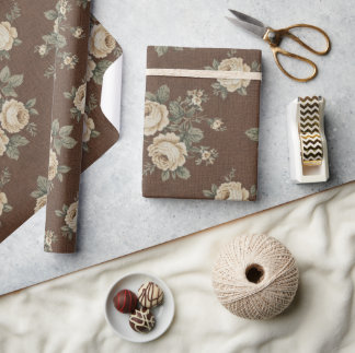 Papel De Regalo Vintage Cream Roses on Mocha Brown Pattern