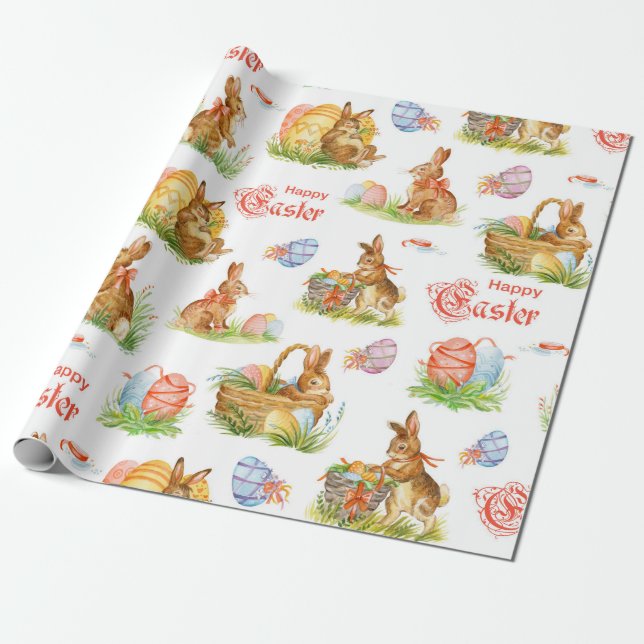 Papel De Regalo Vintage Easter Bunny Baskets (Desenrollado)