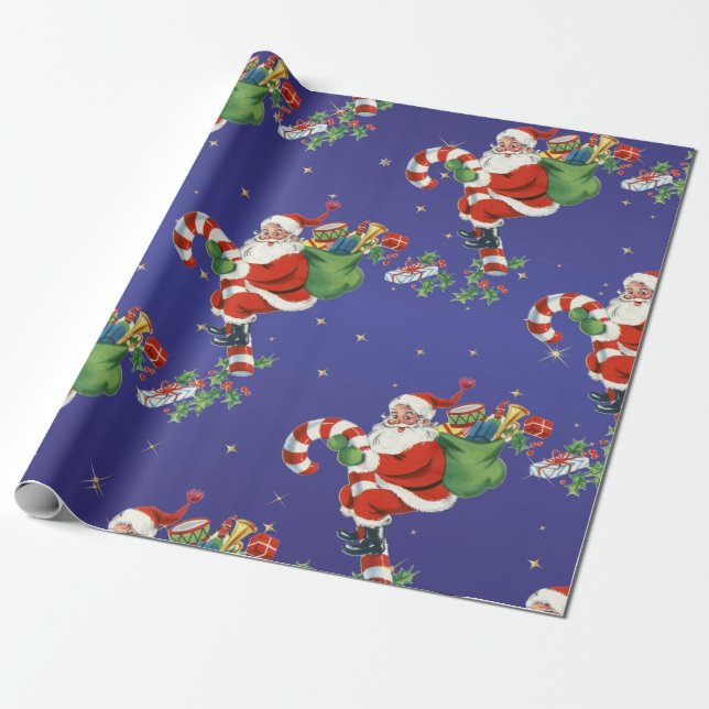 Papel De Regalo Vintage Flying Santa - Feliz Navidad (Desenrollado)