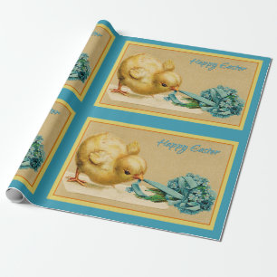 Papel De Regalo Vintage Happy Easter Chick con Flores Azules