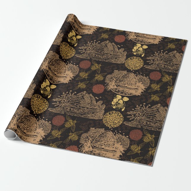 Papel De Regalo Vintage Honeycomb Bee Black (Desenrollado)
