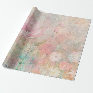 Papel De Regalo Vintage Mixed Media Retro Pink Floral White Rustic
