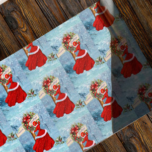 Papel De Regalo Vintage Navidad corona purpurina rojo chica nieve