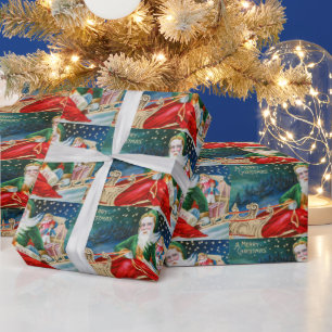 Papel De Regalo Vintage navidad santa claus con regalos y nieve