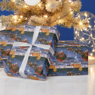 Papel De Regalo Vintage Navidad Santa Claus volando su Sleigh