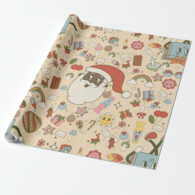 Papel De Regalo vintage navidades santa hippie groovy (Desenrollado)