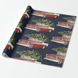 Papel De Regalo Vintage Navy & Red Car Tree en la cima