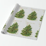 Papel De Regalo Vintage O Christmas Tree<br><div class="desc">Un hermoso árbol de Navidad está completamente decorado para las vacaciones en esta imagen vintage de un colaje de colores anticuado. La decoración incluye juguetes para niños,  velas y estrellas. Se repite de manera agradable a través de este rollo de papel de envoltura.</div>