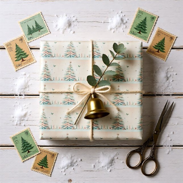 Papel De Regalo Vintage pálido Feliz Navidad (Vintage Pastel Christmas Tree Winter Wonderland Wrapping Paper)