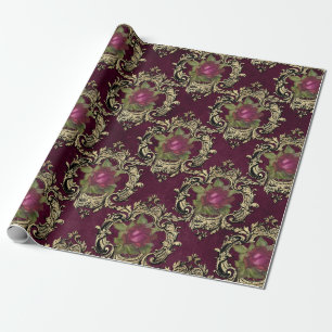 Papel De Regalo Vintage Paris Burgundy y el patrón Rosa Gold