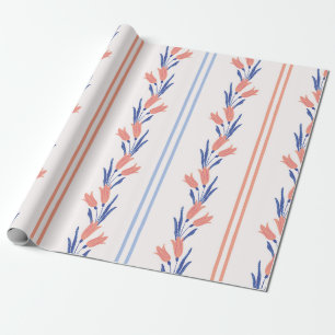 Papel De Regalo Vintage Preppy Salmón y Raya Floral Azul