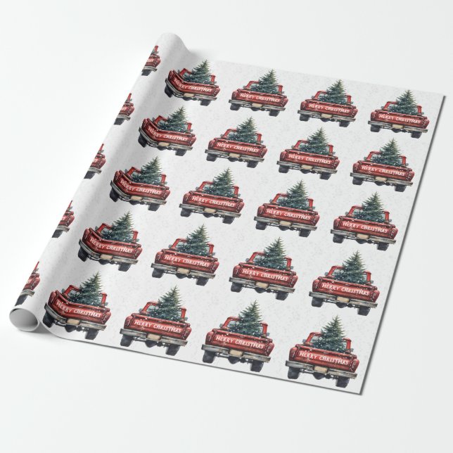 Papel De Regalo Vintage Red Truck Merry Christmas (Desenrollado)