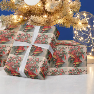 Papel De Regalo Vintage Retro Navidades Red Bells Snow Holly