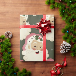 Papel De Regalo Vintage Retro Santa Face Sparkle Estético Verde