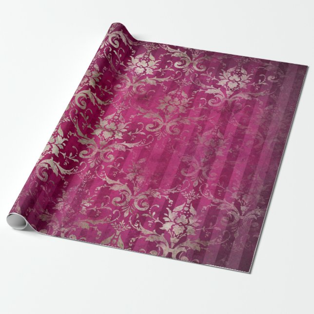 Papel De Regalo Vintage Romantic Damask Burgundy Gold (Desenrollado)