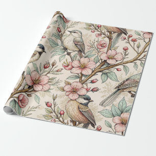 Papel De Regalo Vintage Sakura Cerezo Blossom y Ave Estética 2