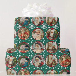 Papel De Regalo Vintage Santa Claus Cards Green White Snow