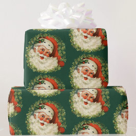 Papel De Regalo Vintage Santa Claus Navidades Verde y Rojo