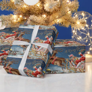 Papel De Regalo Vintage Santa en el pueblo volador de Sleigh