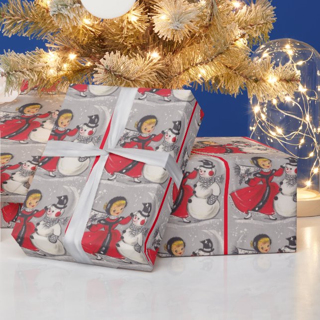 Papel De Regalo Vintage Snowman bailando con Chica (Vacaciones)