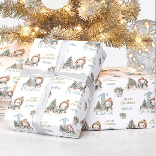 Papel De Regalo Vintage Snowman Boy First Christmas Blue Name Text