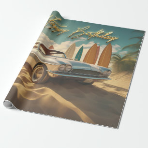 Papel De Regalo Vintage Sports Car tropical beach Feliz cumpleaños