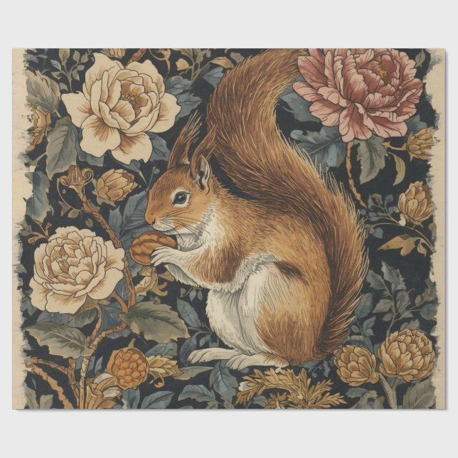 Papel De Regalo Vintage Squirrel and Flowers Pattern (Superficie plana)