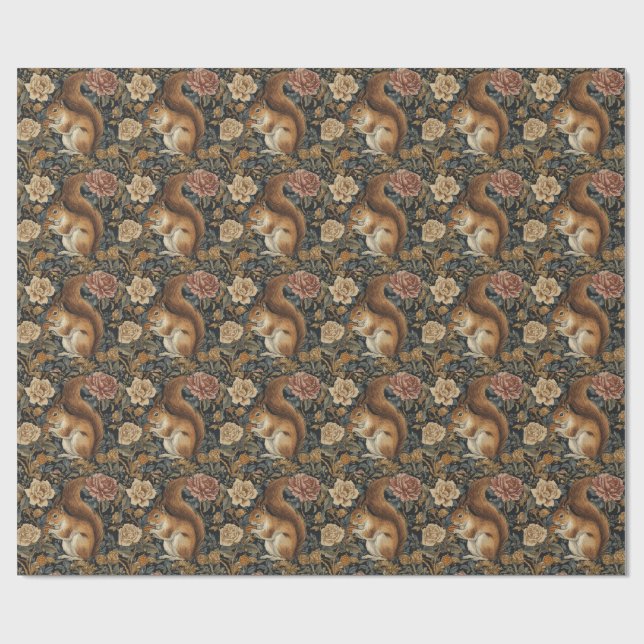 Papel De Regalo Vintage Squirrel and Flowers Pattern (Superficie plana)