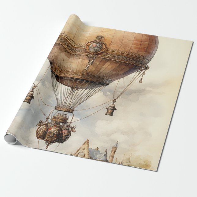 Papel De Regalo Vintage Steampunk Hot Air Balloon (Desenrollado)